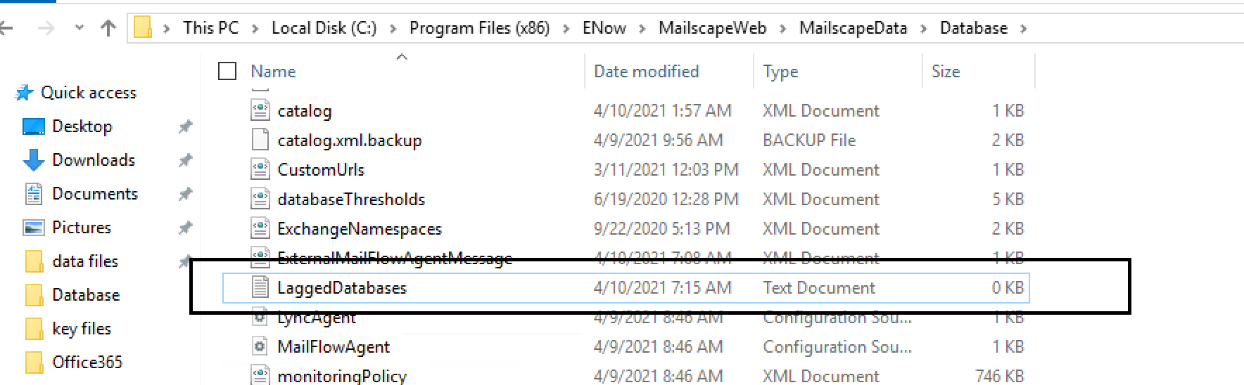 The ENow Database folder in File Explorer with the lagged database text file in place