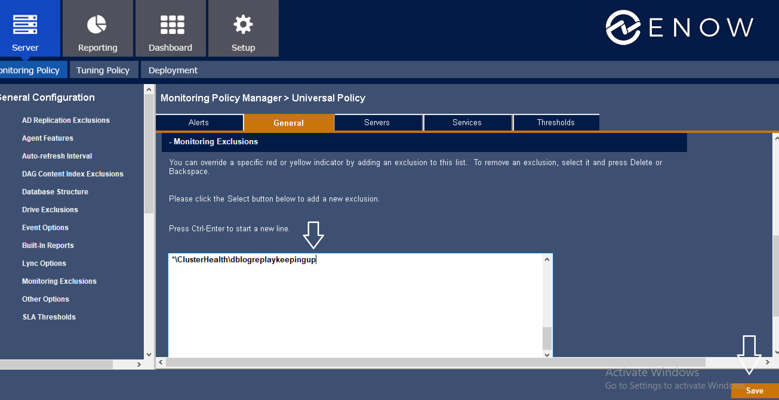 The Monitoring Exclusions field in the ENow Admin Console with the ClusterHealth exclusion entered