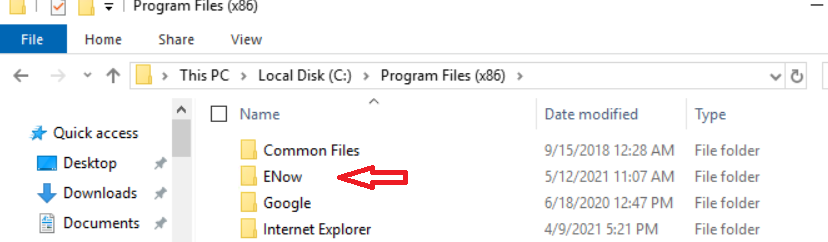 Windows File Explorer showing the ENow folder under Program Files (x86) selected for deletion