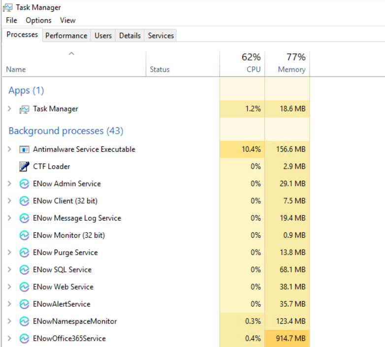 Task Manager with an ENow process selected and the End Task option shown