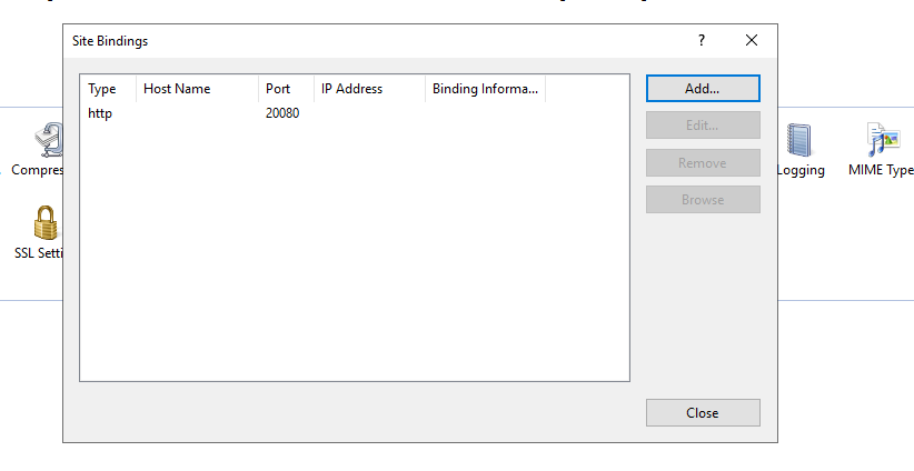 The Site Bindings dialog with the Add button