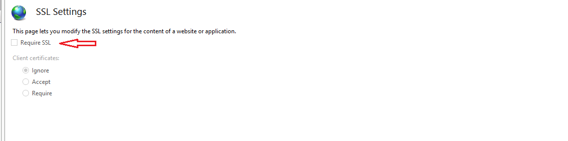 The SSL Settings page with Require SSL selected and Client certificates set to Ignore