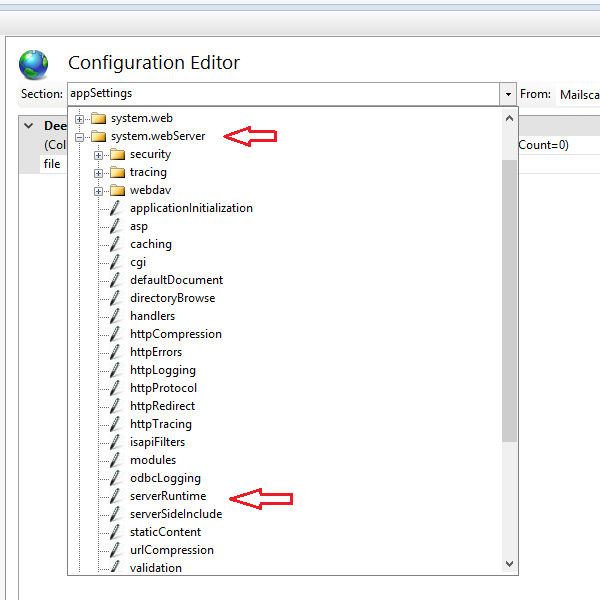 The Configuration Editor section drop-down expanded to system.webServer with serverRuntime selected