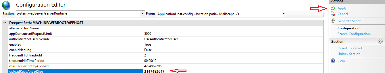 The serverRuntime settings in Configuration Editor with uploadReadAheadSize set to 2147483647