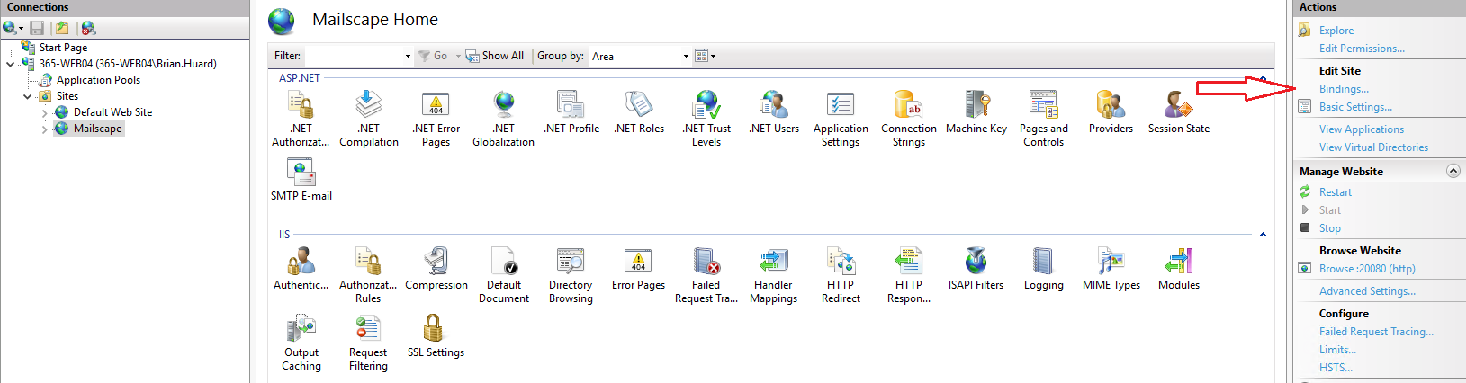The IIS Manager Actions pane with Bindings highlighted