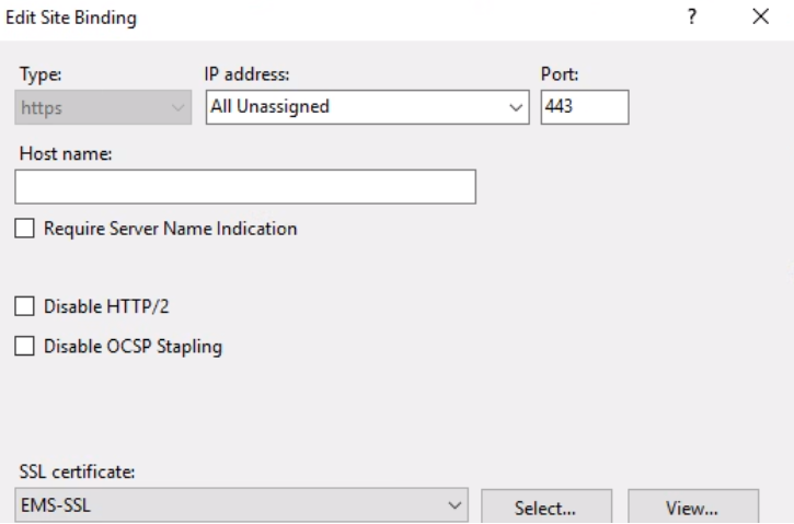 The Site Bindings list showing an https binding on port 443