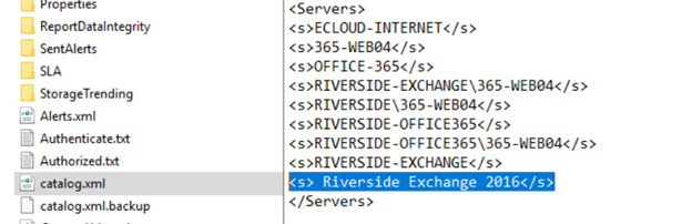 Catalog.xml open in a text editor with a server entry highlighted between its opening and closing s tags