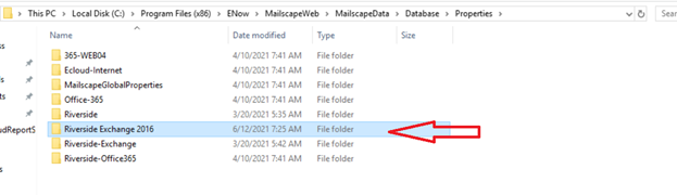 The Database\Properties folder showing per-server subfolders to delete